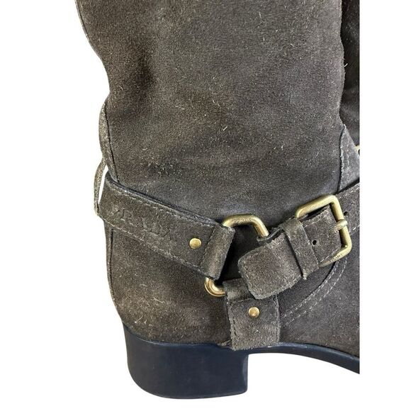 Prada Brown Mid calf Suede Biker Boots with Gold Buckle Logo EU 39 US 9 - Picture 3 of 13